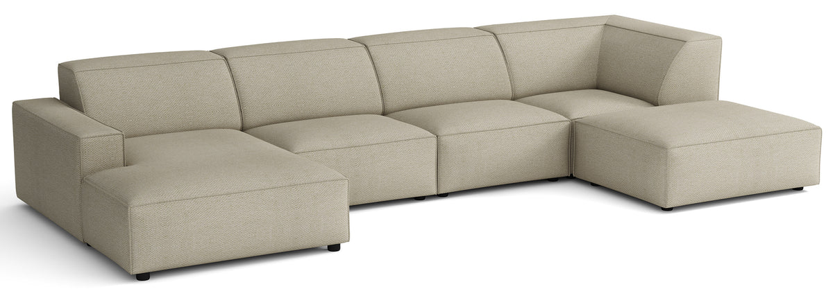 Grand canapé d'angle modulable Sellmo en U avec pouf, côté droit, tissu chenille hydrofuge gris-beige