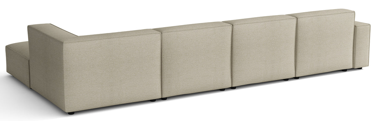 Grand canapé d'angle modulable Sellmo en U avec pouf, côté droit, tissu chenille hydrofuge gris-beige