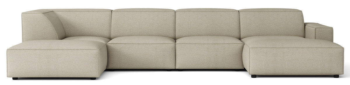 Grand canapé d'angle modulaire Sellmo en U avec pouf, côté gauche, tissu chenille hydrofuge gris beige