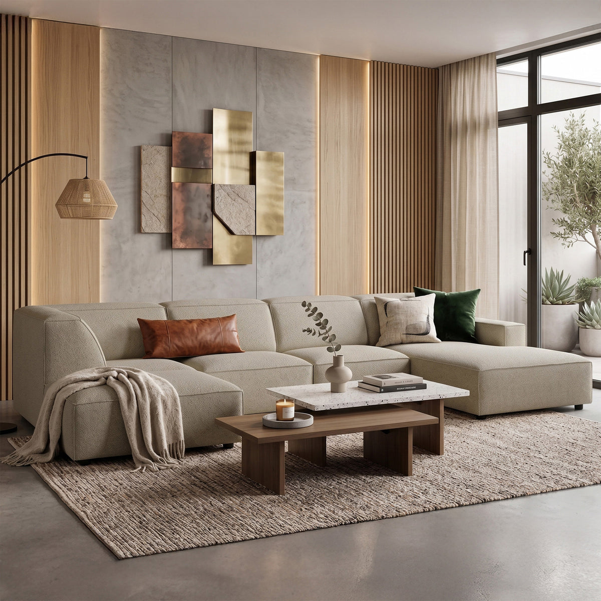 Grand canapé d'angle modulaire Sellmo en U avec pouf, côté gauche, tissu chenille hydrofuge gris beige