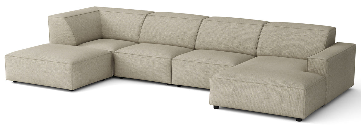 Grand canapé d'angle modulaire Sellmo en U avec pouf, côté gauche, tissu chenille hydrofuge gris beige