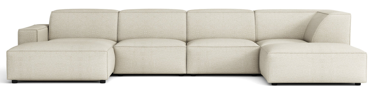 Grand canapé d’angle modulaire Sellmo en U avec pouf, côté droit, tissu chenille hydrofuge crème