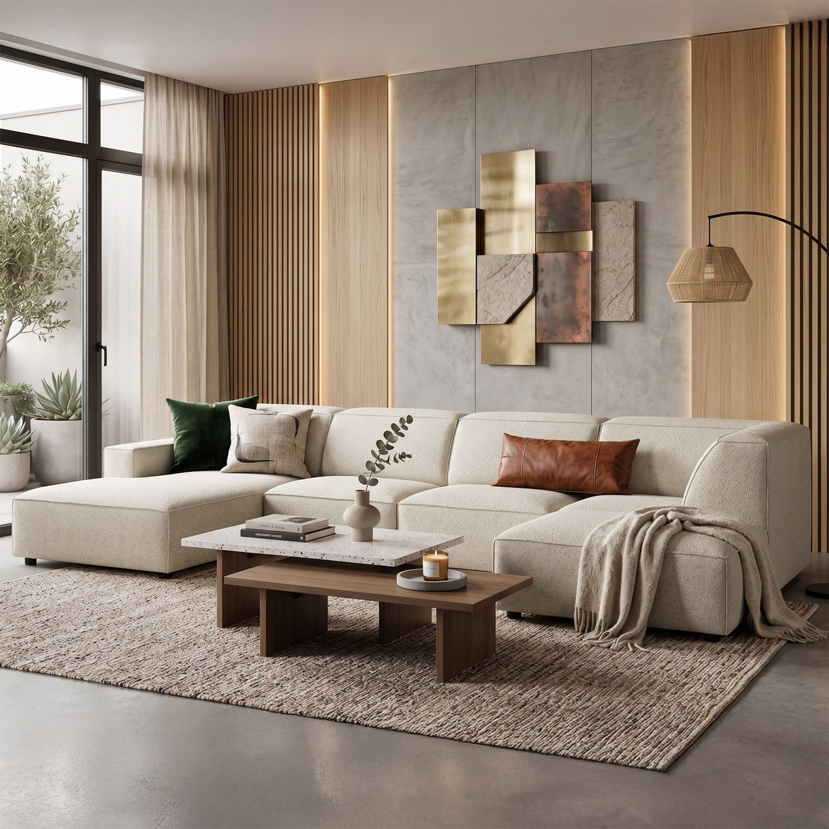 Grand canapé d’angle modulaire Sellmo en U avec pouf, côté droit, tissu chenille hydrofuge crème