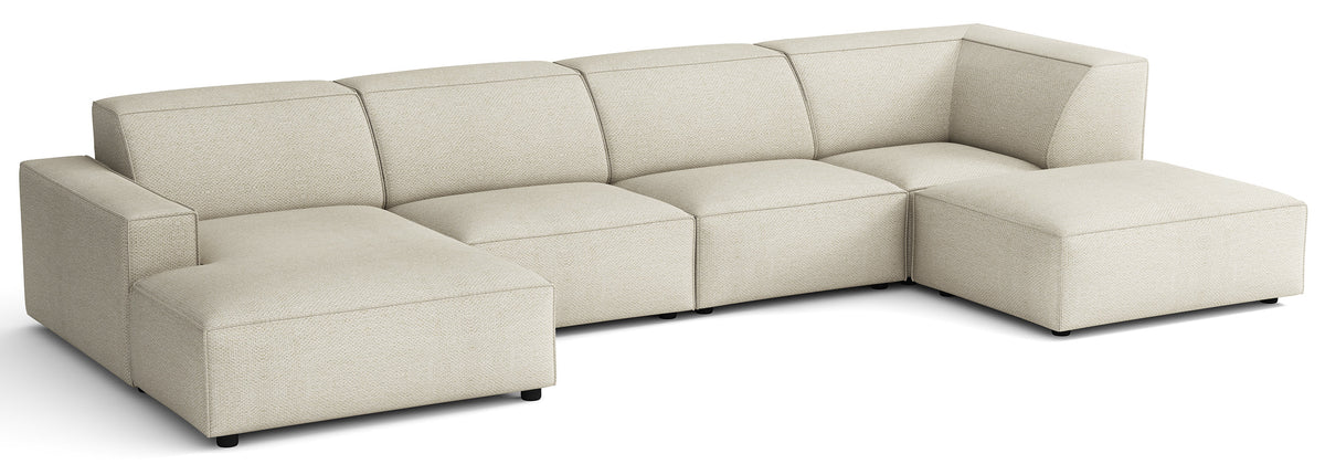Grand canapé d’angle modulaire Sellmo en U avec pouf, côté droit, tissu chenille hydrofuge crème