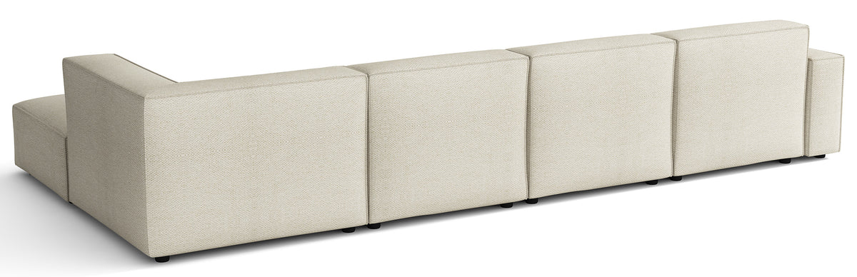Grand canapé d’angle modulaire Sellmo en U avec pouf, côté droit, tissu chenille hydrofuge crème