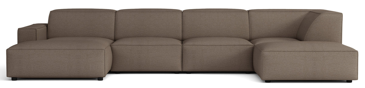 Großes U-förmiges modulares Ecksofa Sellmo mit Hocker, rechtsseitig, hellbrauner hydrophober Chenille-Stoff