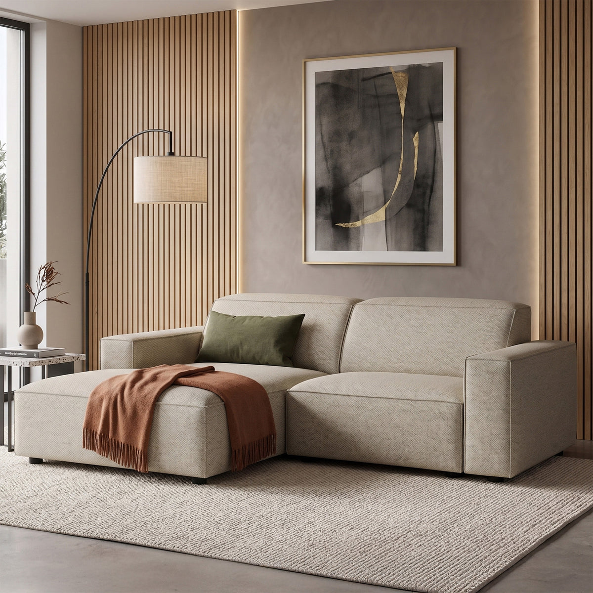 Modulare Eckcouch Sellmo L-förmig klein linksseitig, grau-beige, hydrophobes Chenille