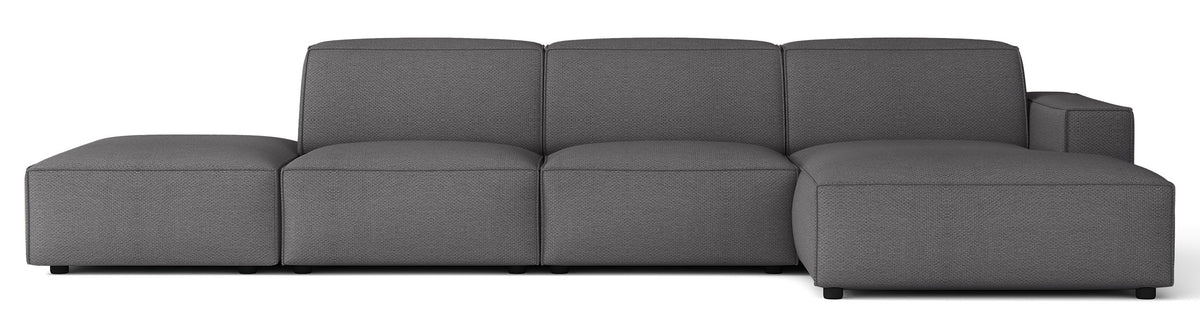 Canapé d'angle modulable Sellmo en L avec pouf, côté droit, tissu chenille hydrofuge gris foncé