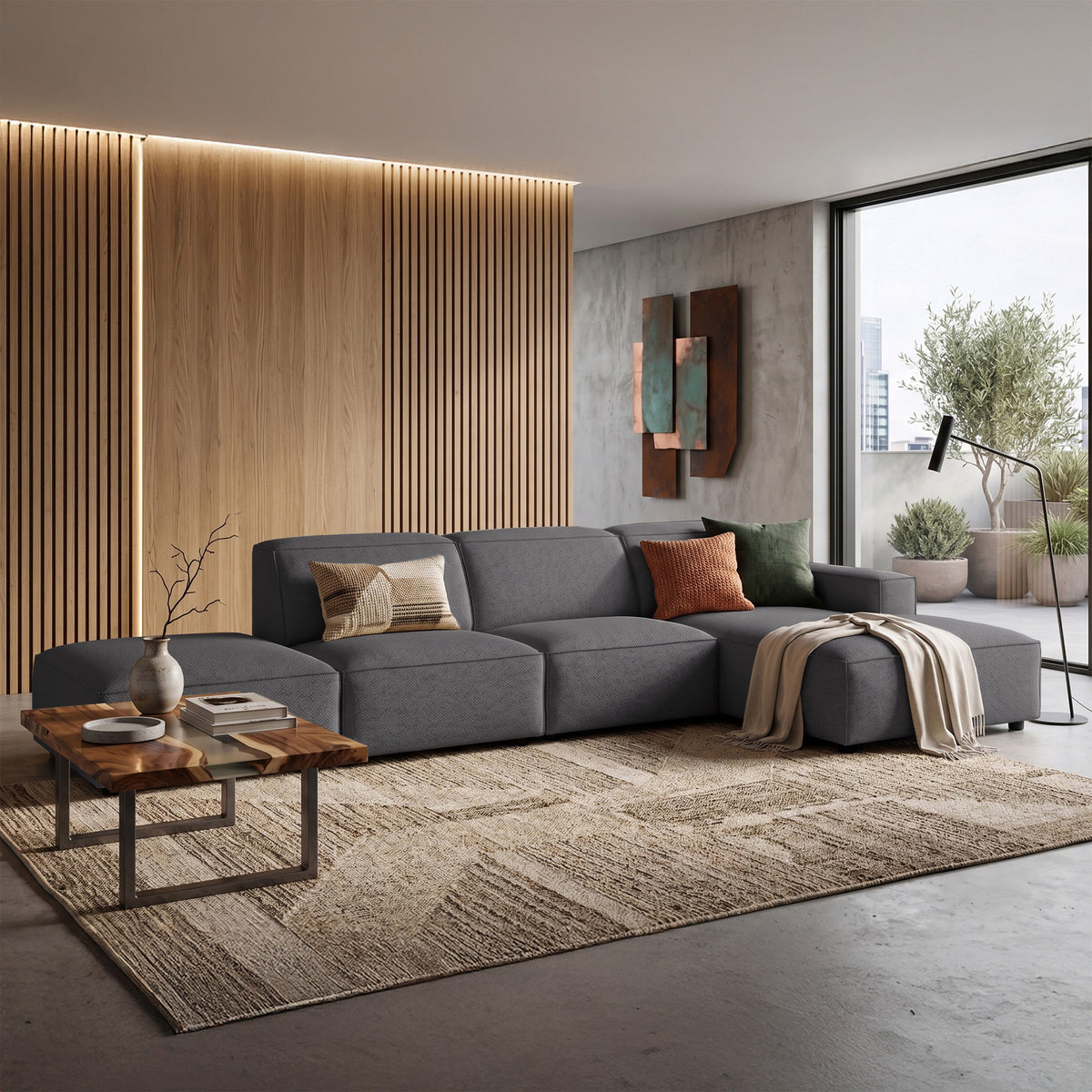 Canapé d'angle modulable Sellmo en L avec pouf, côté droit, tissu chenille hydrofuge gris foncé