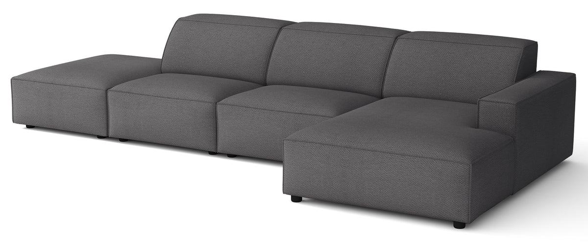 Modulares Ecksofa Sellmo L-förmig mit Hocker, rechtsseitig, dunkelgrauer hydrophober Chenille-Stoff