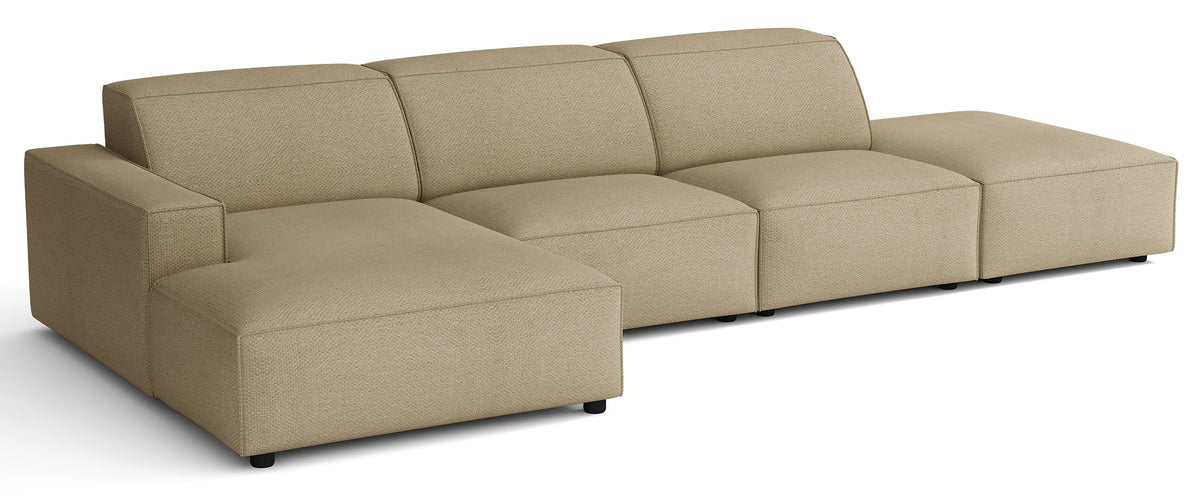 Modulares Ecksofa Sellmo, L-förmig, mit Hocker, linksseitig, dunkelbeige, hydrophobes Chenille