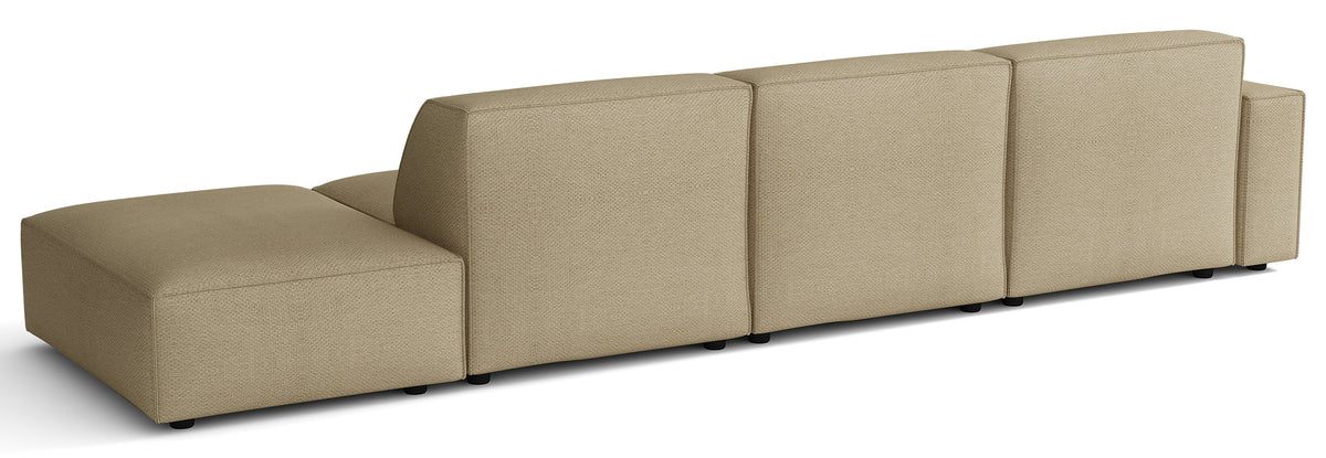 Modulares Ecksofa Sellmo, L-förmig, mit Hocker, linksseitig, dunkelbeige, hydrophobes Chenille