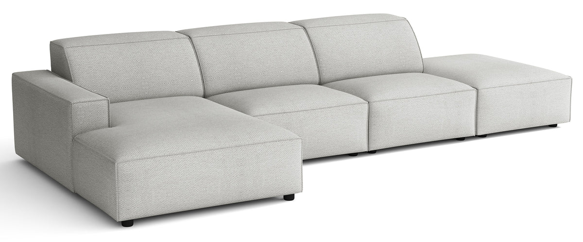 Modulares Ecksofa Sellmo, L-förmig mit Pouf, linksseitig, hellgrauer hydrophober Chenillestoff