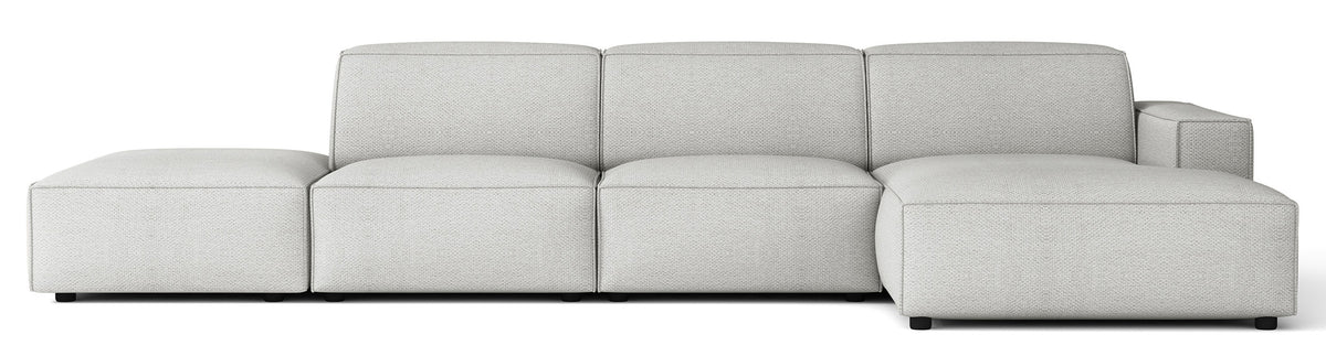 Modulares Ecksofa Sellmo, L-förmig, mit Pouf, rechtsseitig, hellgrauer hydrophober Chenille-Stoff
