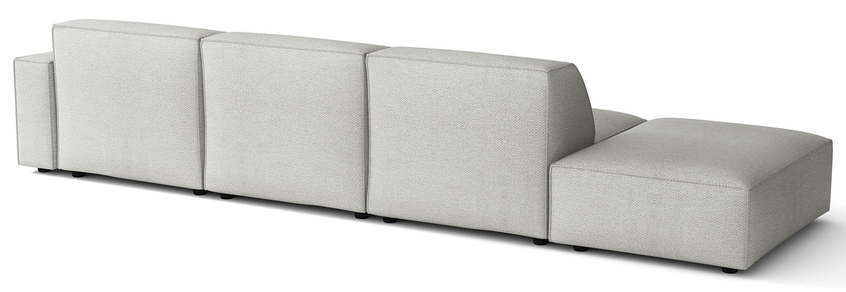 Modulares Ecksofa Sellmo, L-förmig, mit Pouf, rechtsseitig, hellgrauer hydrophober Chenille-Stoff