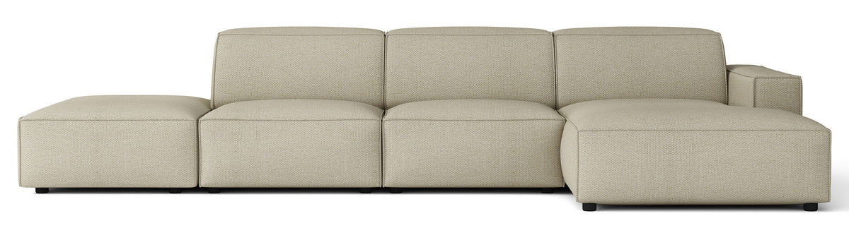 Modulares Ecksofa Sellmo, L-förmig, mit Hocker, rechtsseitig, grau-beige, hydrophober Chenillestoff