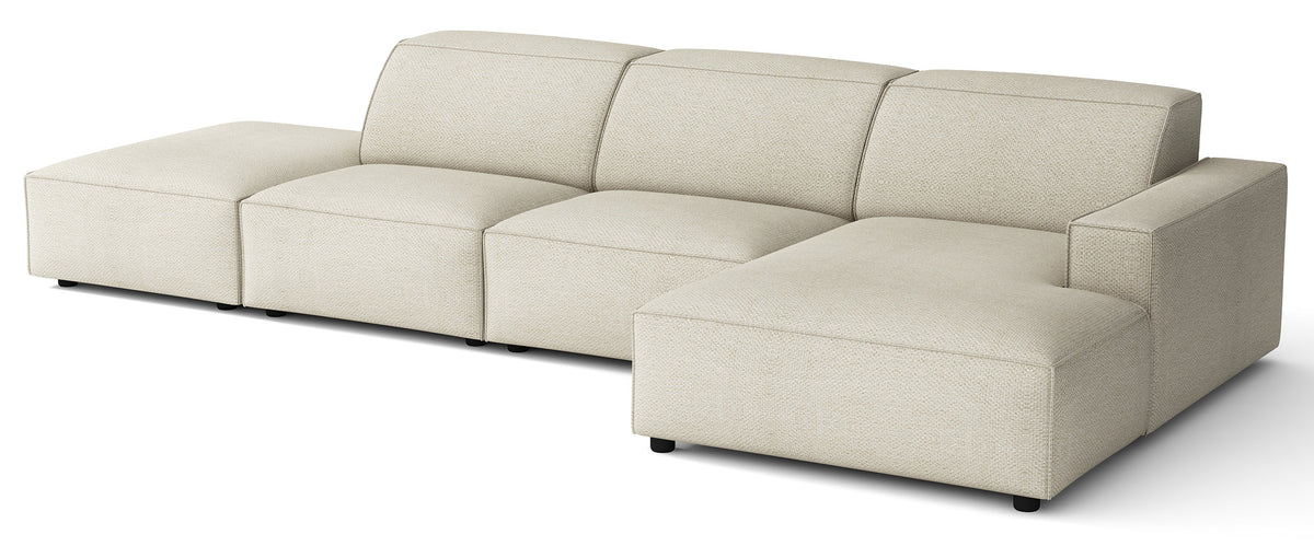 Modulares Ecksofa Sellmo, L-förmig, mit Pouf, rechtsseitig, cremefarben, hydrophobes Chenille