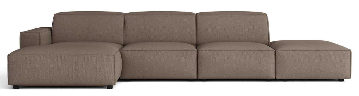 Modulare Eckcouch Sellmo L-förmig mit Hocker, linksseitig, hellbrauner hydrophober Chenille-Stoff