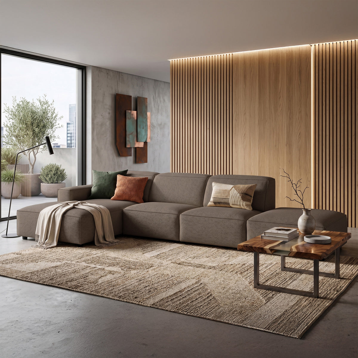 Modulare Eckcouch Sellmo L-förmig mit Hocker, linksseitig, hellbrauner hydrophober Chenille-Stoff