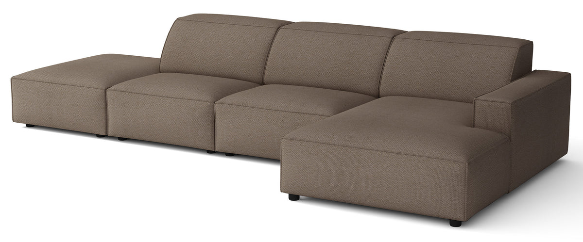 Modulares Ecksofa Sellmo L-förmig mit Ottomane, rechtsseitig, hellbrauner hydrofober Chenillestoff