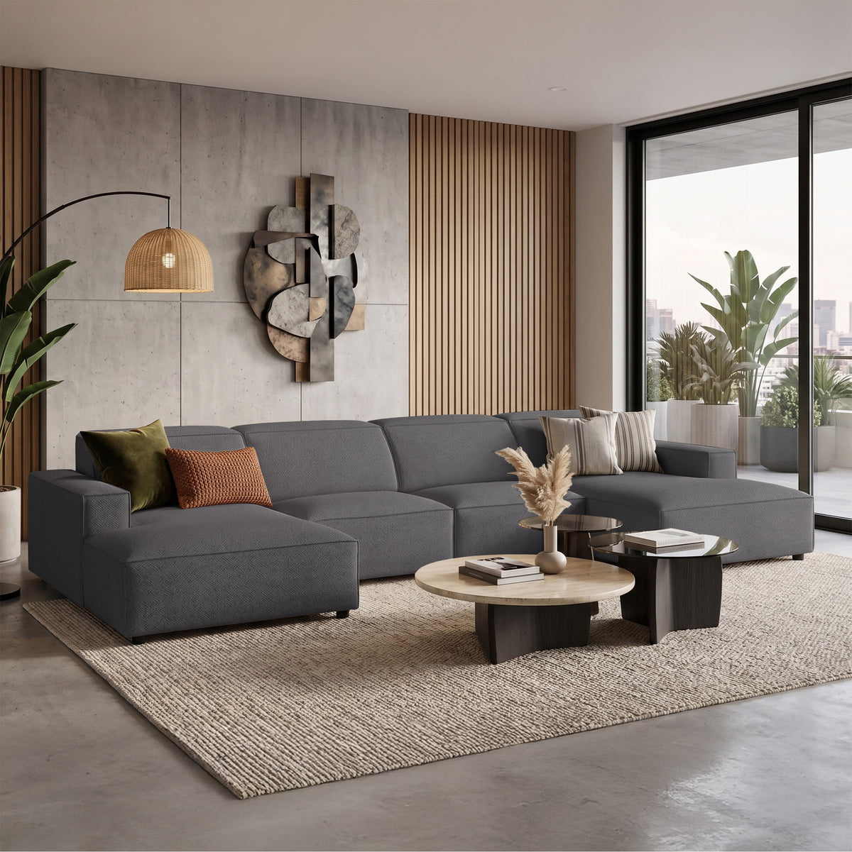 Canapé d'angle modulaire Sellmo en U universel, tissu chenille hydrofuge gris foncé
