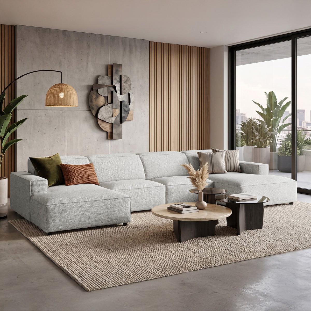 Canapé d'angle modulaire Sellmo en U, universel, en chenille hydrofuge gris clair