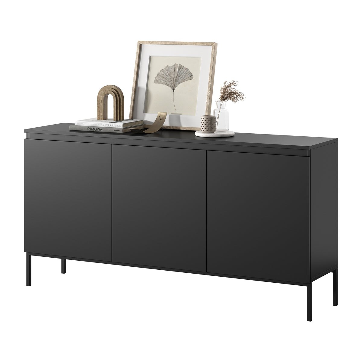 Commode trois portes Bemmi 150 cm noire avec pieds noirs
