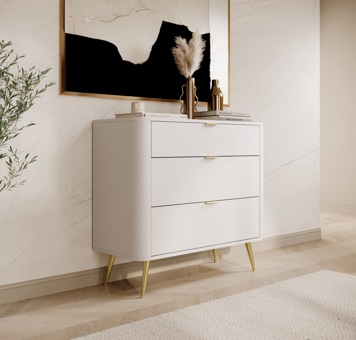 Commode Oval blanche avec trois tiroirs 92 cm