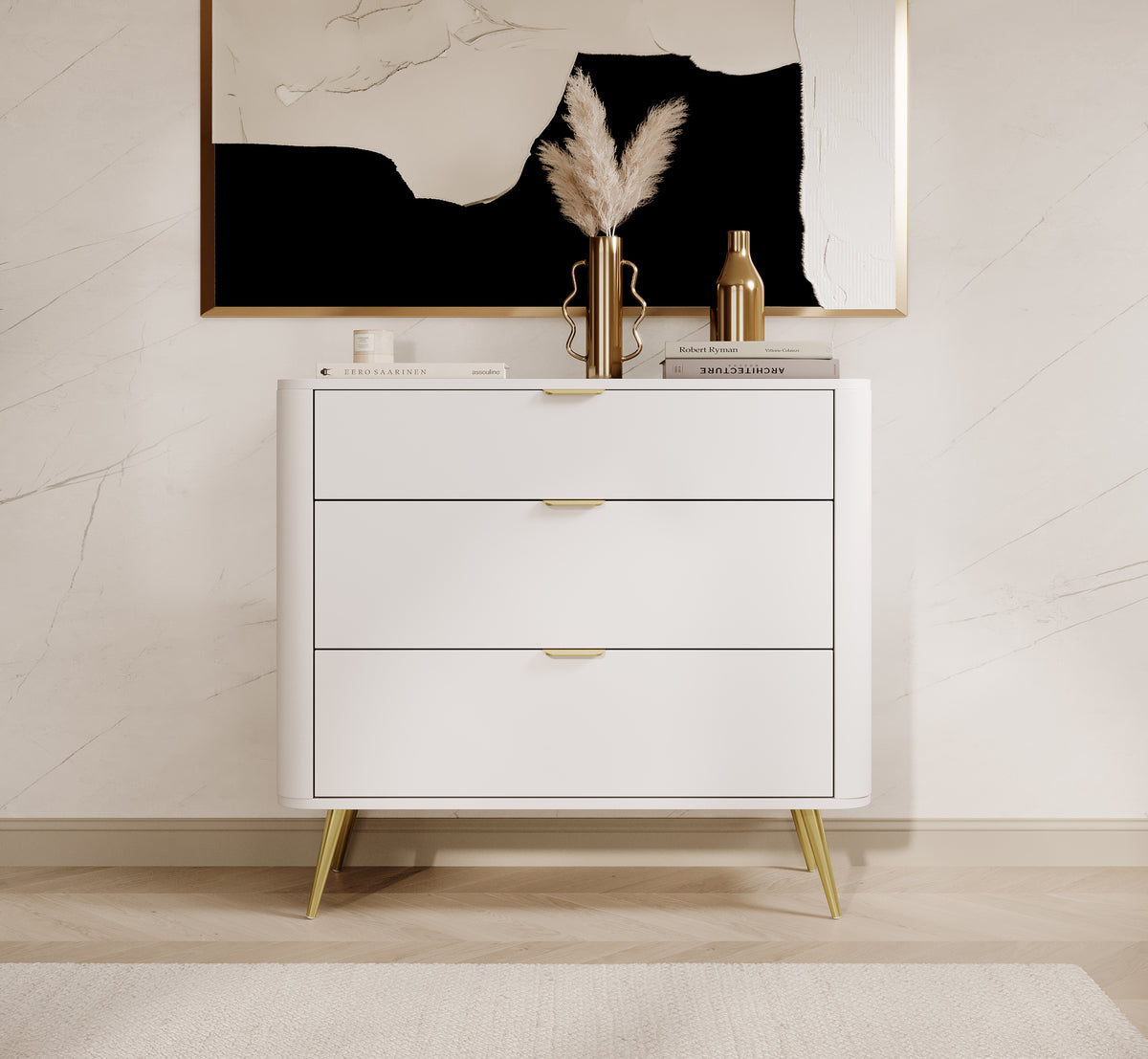 Commode Oval blanche avec trois tiroirs 92 cm