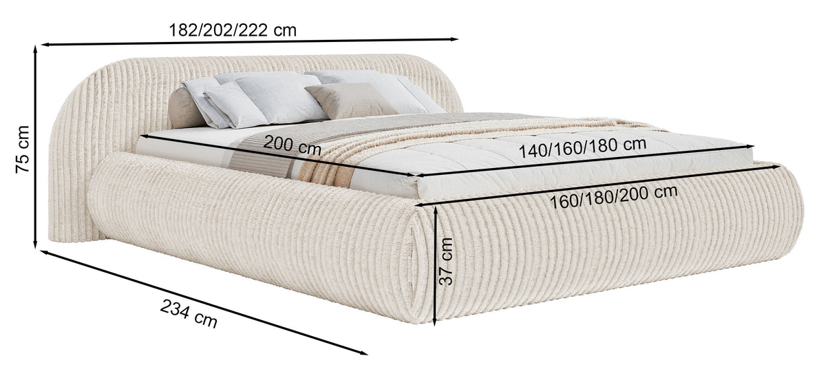 Lit tapissé 160x200 cm Shels Low avec rangement, cadre métallique, tissu boucle gris