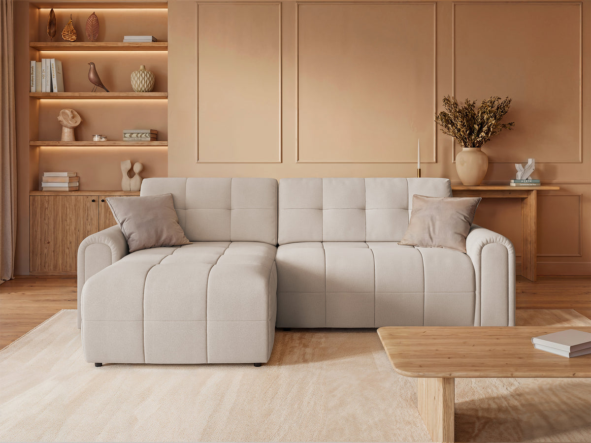 Simolla Ecksofa mit Schlaffunktion, L-Form, linksseitig, mit Stauraum, cremefarbenes Chenille