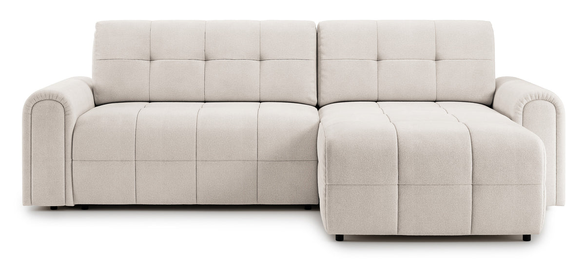 Canapé d'angle droit Simolla avec fonction couchage et coffre de rangement, tissu chenille crème