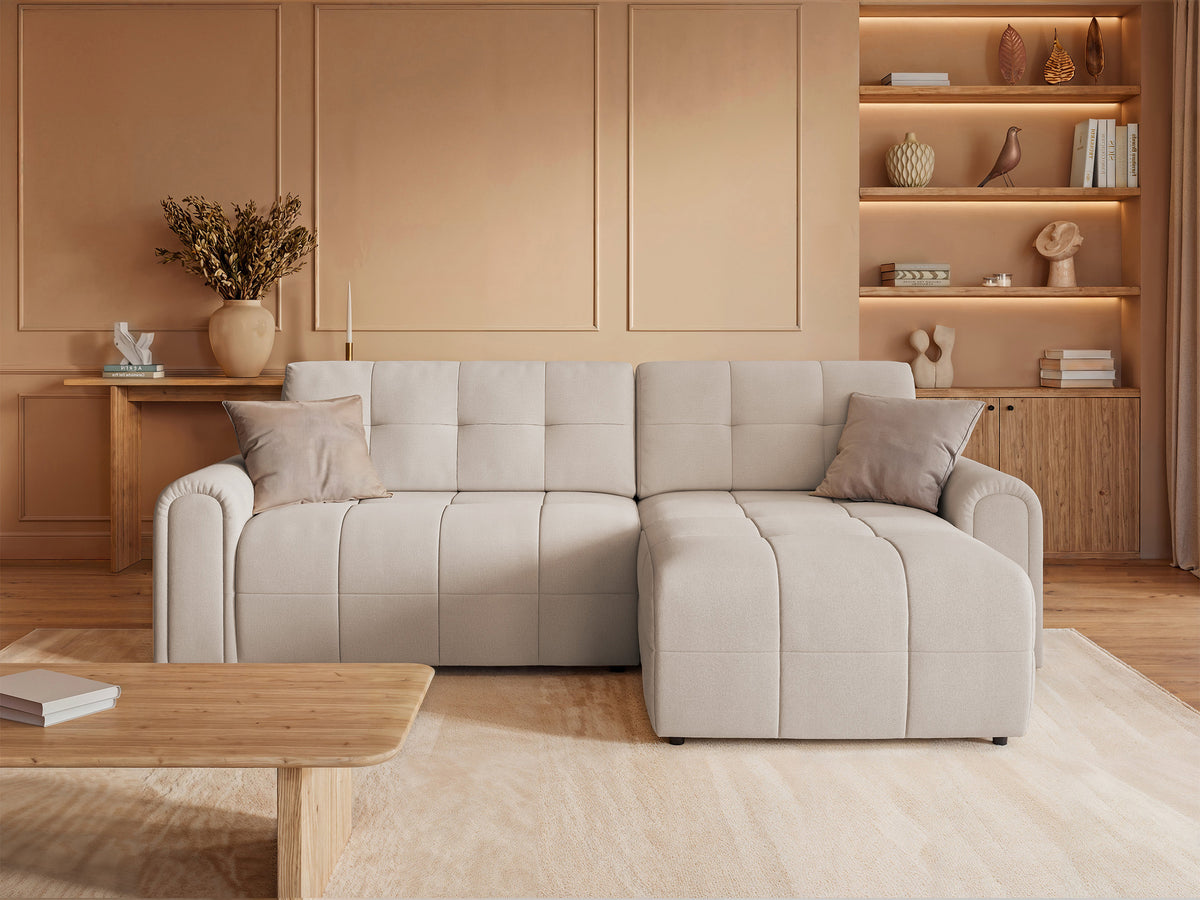 Canapé d'angle droit Simolla avec fonction couchage et coffre de rangement, tissu chenille crème