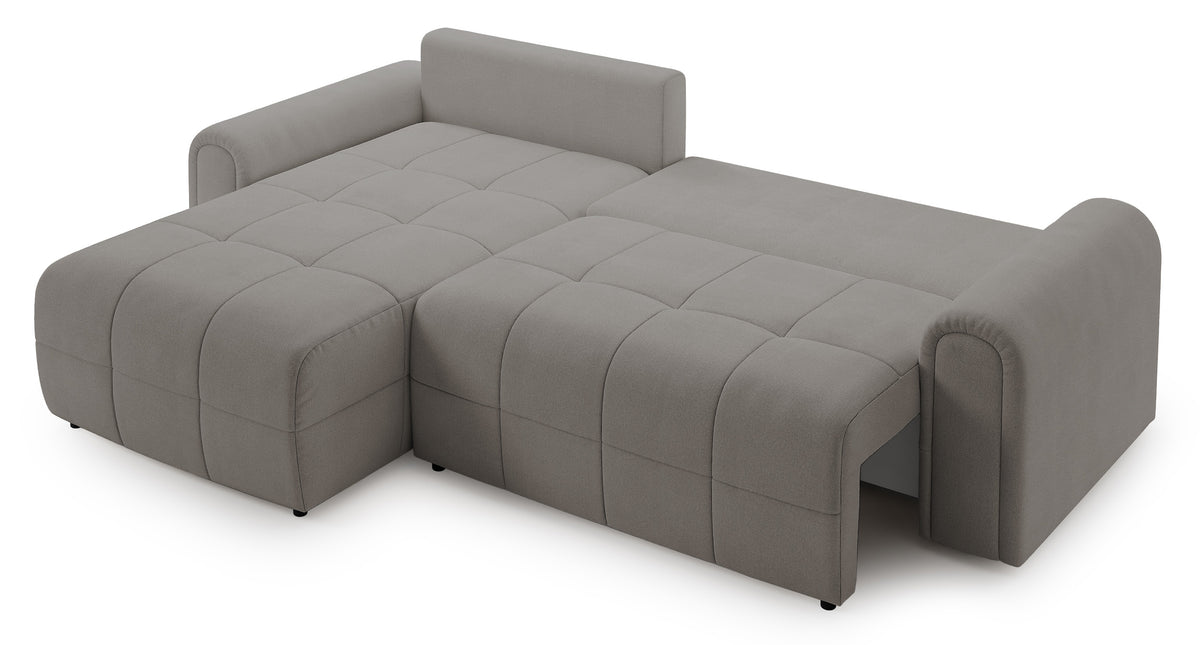 Ecksofa mit Schlaffunktion Simolla, L-förmig, linksseitig, mit Stauraum, grau-beiger Chenille-Stoff