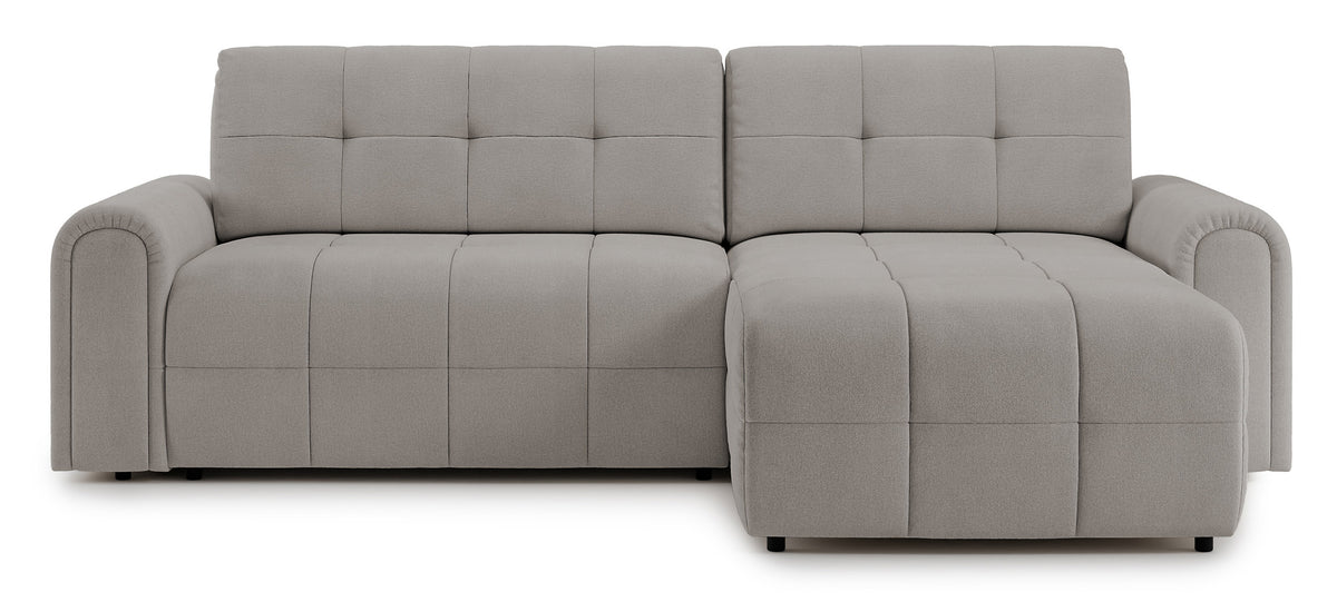 Canapé d'angle droit Simolla avec fonction couchage et coffre de rangement, tissu chenille gris beige