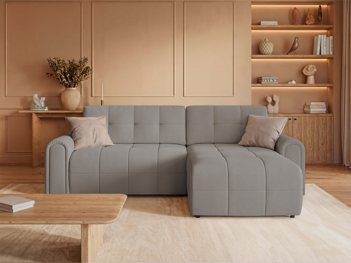 Canapé d'angle droit Simolla avec fonction couchage et coffre de rangement, tissu chenille gris beige