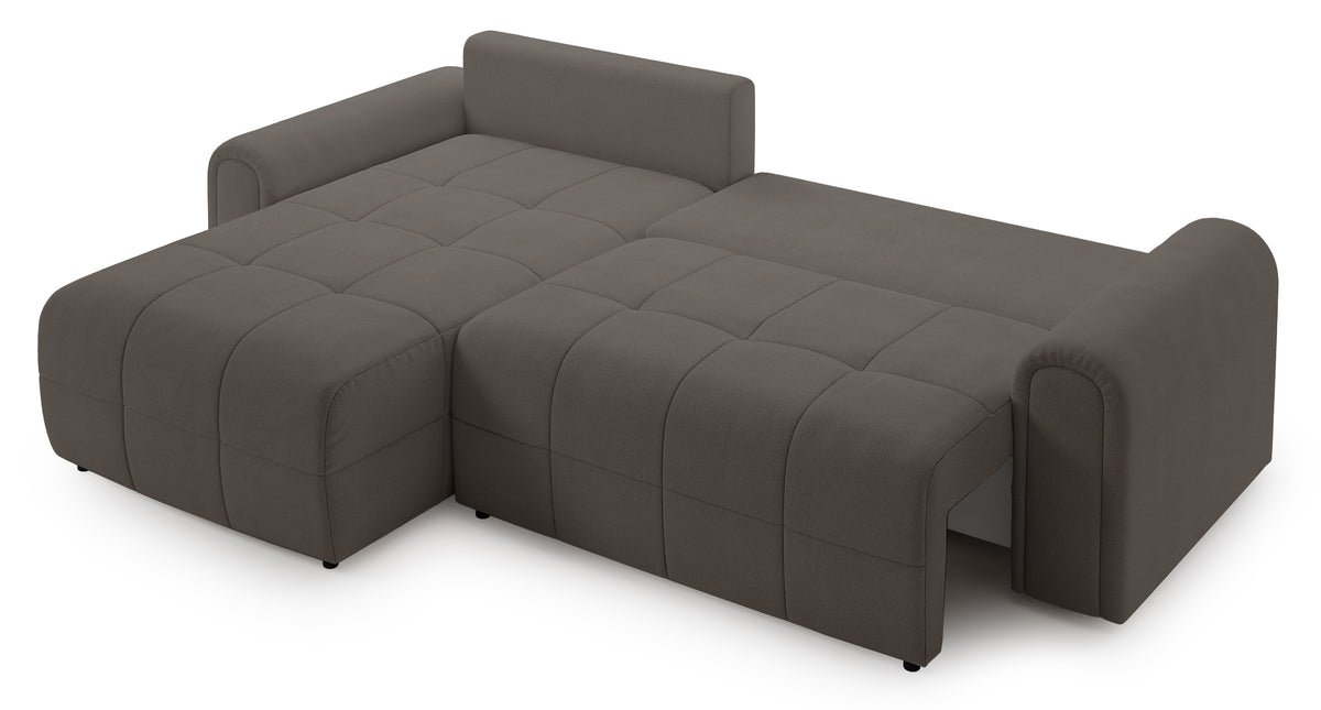 Canapé d'angle Simolla en L, gauche, avec fonction couchage et coffre de rangement, tissu chenille gris-brun