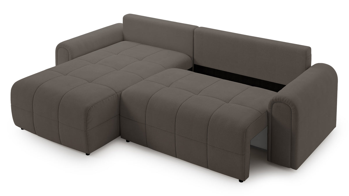 Canapé d'angle Simolla en L, gauche, avec fonction couchage et coffre de rangement, tissu chenille gris-brun