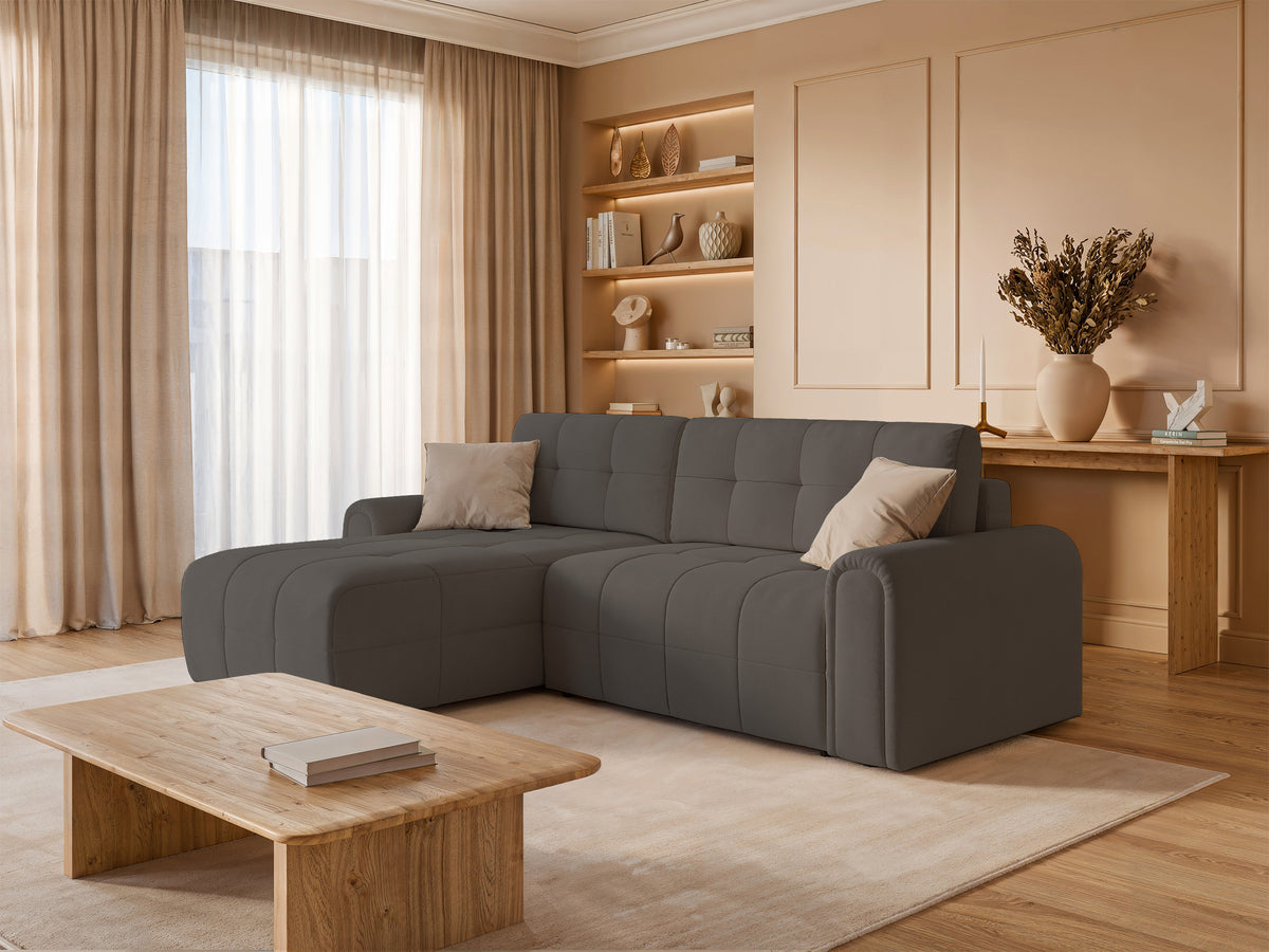 Canapé d'angle Simolla en L, gauche, avec fonction couchage et coffre de rangement, tissu chenille gris-brun