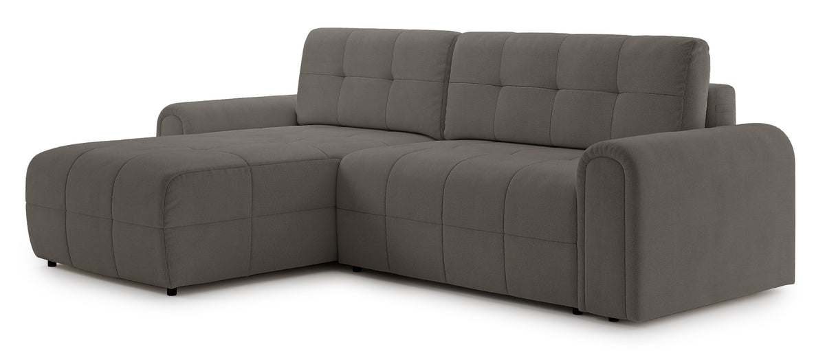 Canapé d'angle Simolla en L, gauche, avec fonction couchage et coffre de rangement, tissu chenille gris-brun