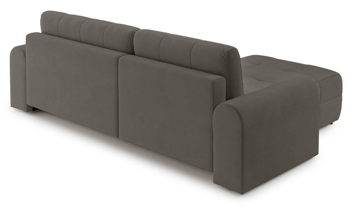 Canapé d'angle Simolla en L, gauche, avec fonction couchage et coffre de rangement, tissu chenille gris-brun