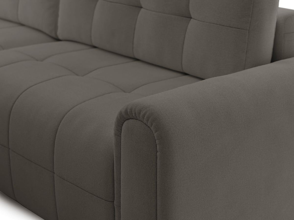 Canapé d'angle Simolla en L, gauche, avec fonction couchage et coffre de rangement, tissu chenille gris-brun