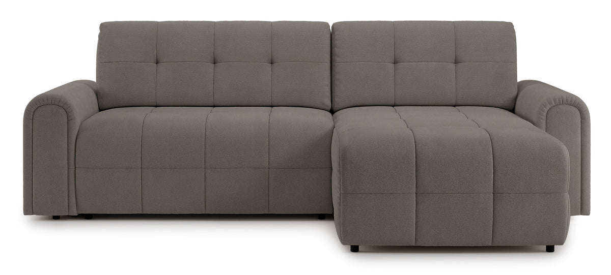 Canapé d'angle Simolla en L, côté droit, avec fonction couchage et coffre de rangement, en tissu chenille gris-brun
