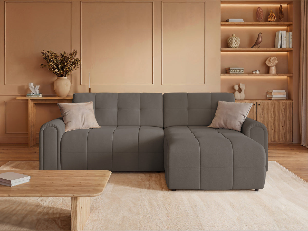 Canapé d'angle Simolla en L, côté droit, avec fonction couchage et coffre de rangement, en tissu chenille gris-brun
