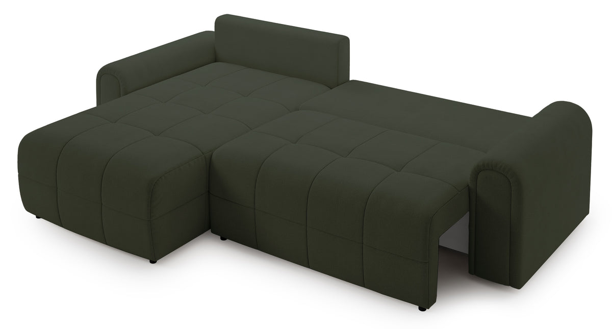 Ecksofa mit Schlaffunktion Simolla, L-förmig, linksseitig, mit Stauraum, olivgrüner Chenillebezug