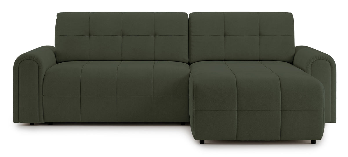 Canapé d'angle droit Simolla avec fonction couchage et rangement, tissu chenille olive