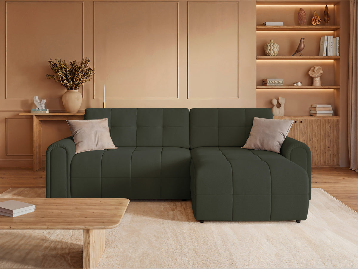 Canapé d'angle droit Simolla avec fonction couchage et rangement, tissu chenille olive