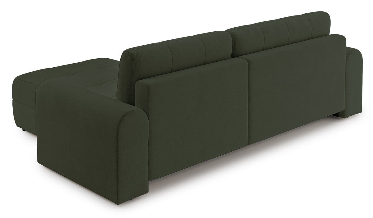 Ecksofa mit Schlaffunktion Simolla, L-förmig, rechtsseitig, mit Stauraum, olivgrüner Chenille-Bezug