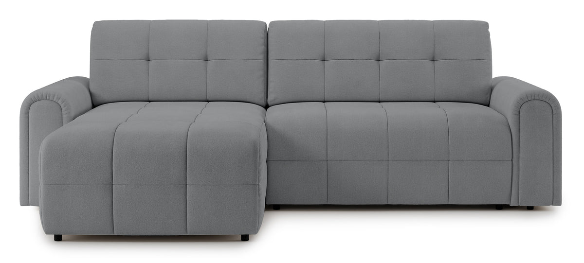 Canapé d'angle Simolla L gauche avec fonction couchage et coffre de rangement en tissu chenille gris