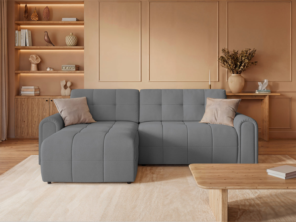 Canapé d'angle Simolla L gauche avec fonction couchage et coffre de rangement en tissu chenille gris